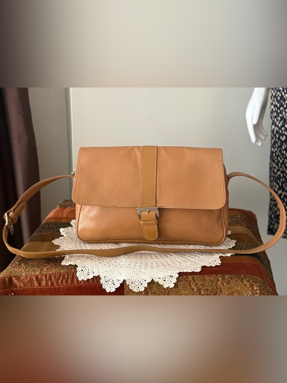 Longchamp Tan Leather Shoulder Bag with Buckled Flap